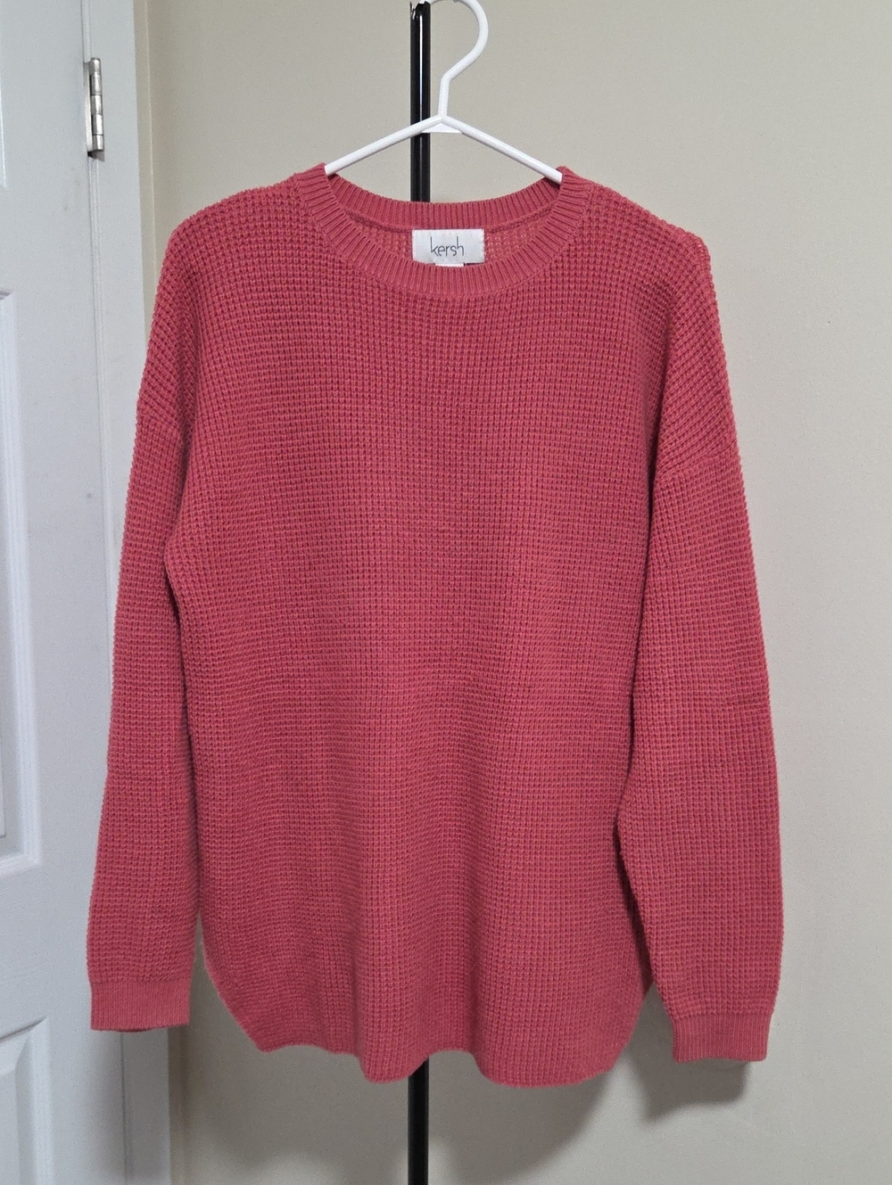 Kersh Rose Pink Wool And Cotton Blend Waffle Knit Crewneck Sweater